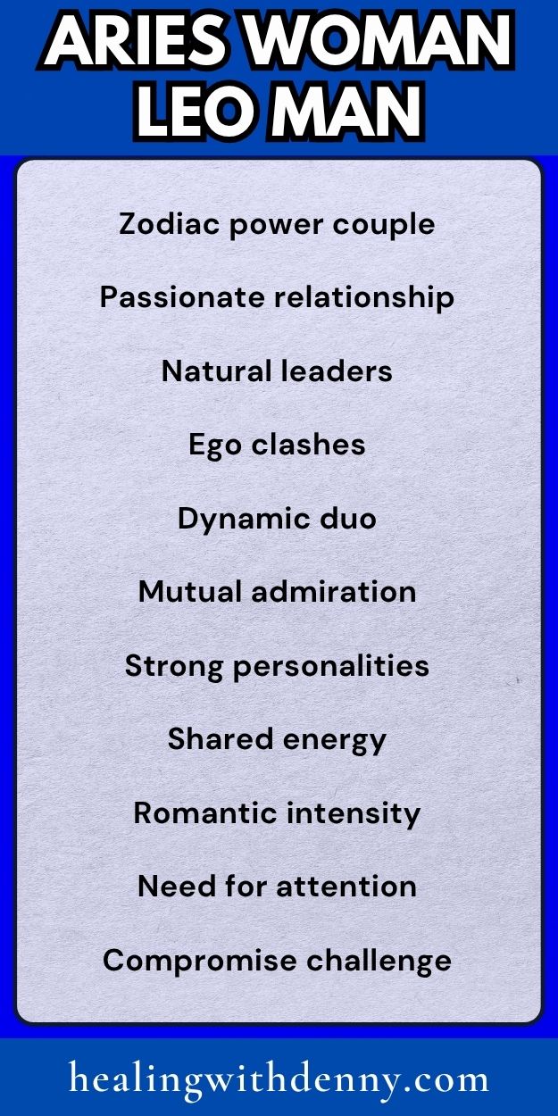 aries-woman-leo-man Zodiac power couple

Passionate relationship

Natural leaders

Ego clashes

Dynamic duo

Mutual admiration

Strong personalities

Shared energy

Romantic intensity

Need for attention

Compromise challenge