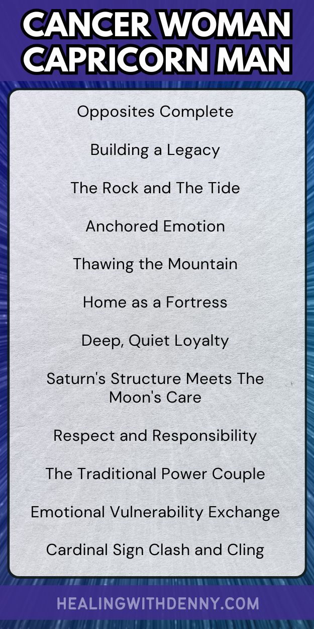 cancer woman capricorn man Opposites Complete

Building a Legacy

The Rock and The Tide

Anchored Emotion

Thawing the Mountain

Home as a Fortress

Deep, Quiet Loyalty

Saturn's Structure Meets The Moon's Care

Respect and Responsibility

The Traditional Power Couple

Emotional Vulnerability Exchange

Cardinal Sign Clash and Cling