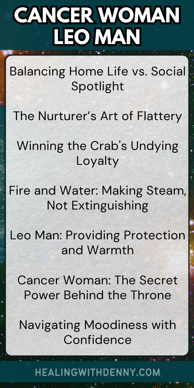cancer woman leo man Balancing Home Life vs. Social Spotlight

The Nurturer’s Art of Flattery

Winning the Crab's Undying Loyalty

Fire and Water: Making Steam, Not Extinguishing

Leo Man: Providing Protection and Warmth

Cancer Woman: The Secret Power Behind the Throne

Navigating Moodiness with Confidence