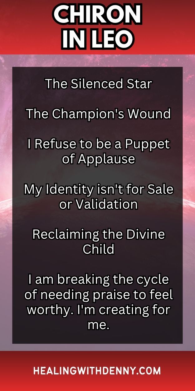 chiron-in-leo The Silenced Star

The Champion's Wound

I Refuse to be a Puppet of Applause

My Identity isn't for Sale or Validation

Reclaiming the Divine Child

I am breaking the cycle of needing praise to feel worthy. I'm creating for me.