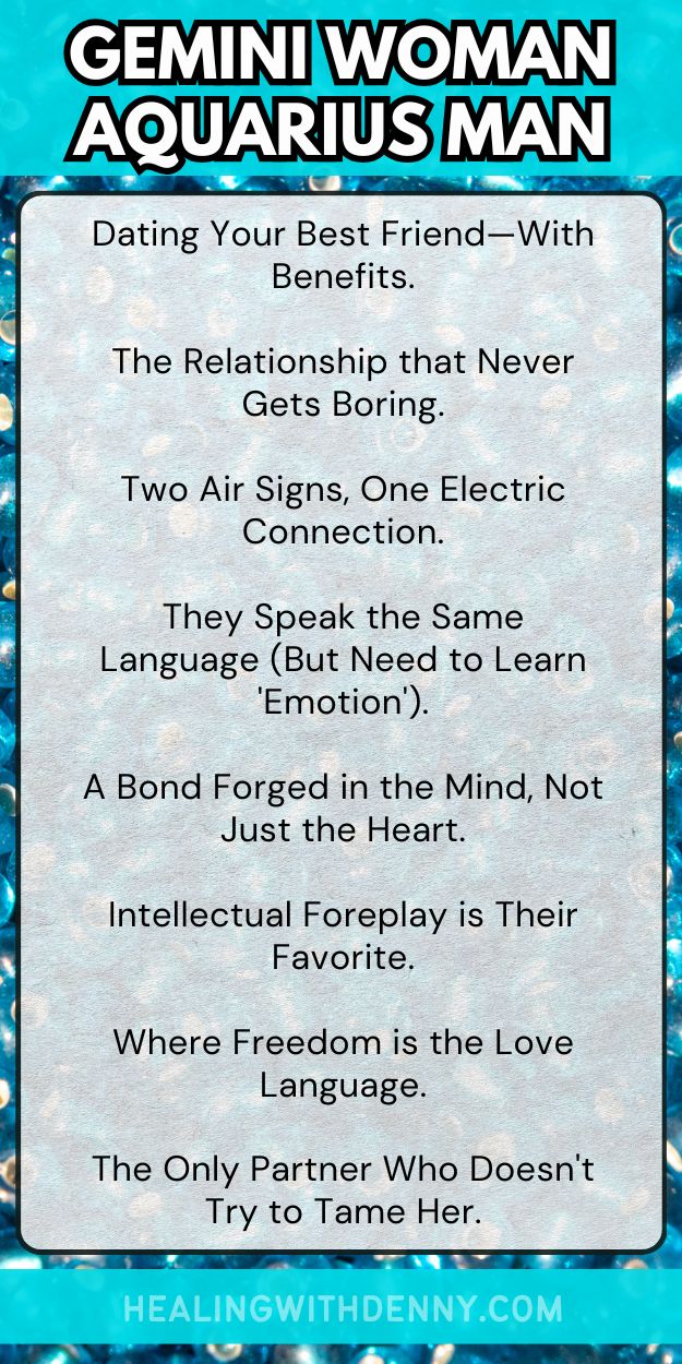 gemini woman aquarius man Dating Your Best Friend—With Benefits.

The Relationship that Never Gets Boring.

Two Air Signs, One Electric Connection.

They Speak the Same Language (But Need to Learn 'Emotion').

A Bond Forged in the Mind, Not Just the Heart.

Intellectual Foreplay is Their Favorite.

Where Freedom is the Love Language.

The Only Partner Who Doesn't Try to Tame Her.