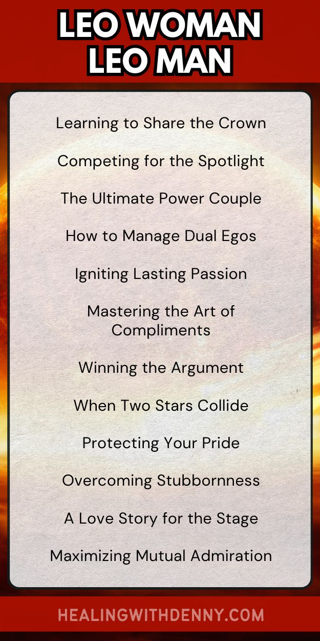 leo woman leo man Learning to Share the Crown

Competing for the Spotlight

The Ultimate Power Couple

How to Manage Dual Egos

Igniting Lasting Passion

Mastering the Art of Compliments

Winning the Argument

When Two Stars Collide

Protecting Your Pride

Overcoming Stubbornness

A Love Story for the Stage

Maximizing Mutual Admiration