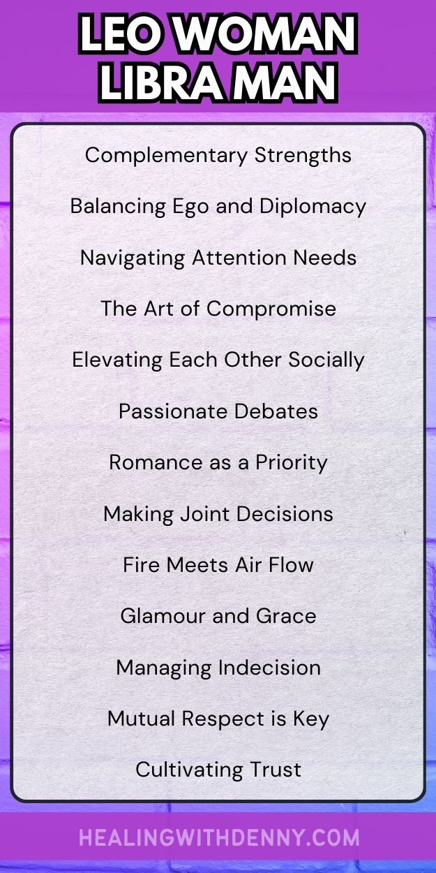 leo woman libra man Complementary Strengths

Balancing Ego and Diplomacy

Navigating Attention Needs

The Art of Compromise

Elevating Each Other Socially

Passionate Debates

Romance as a Priority

Making Joint Decisions

Fire Meets Air Flow

Glamour and Grace

Managing Indecision

Mutual Respect is Key

Cultivating Trust