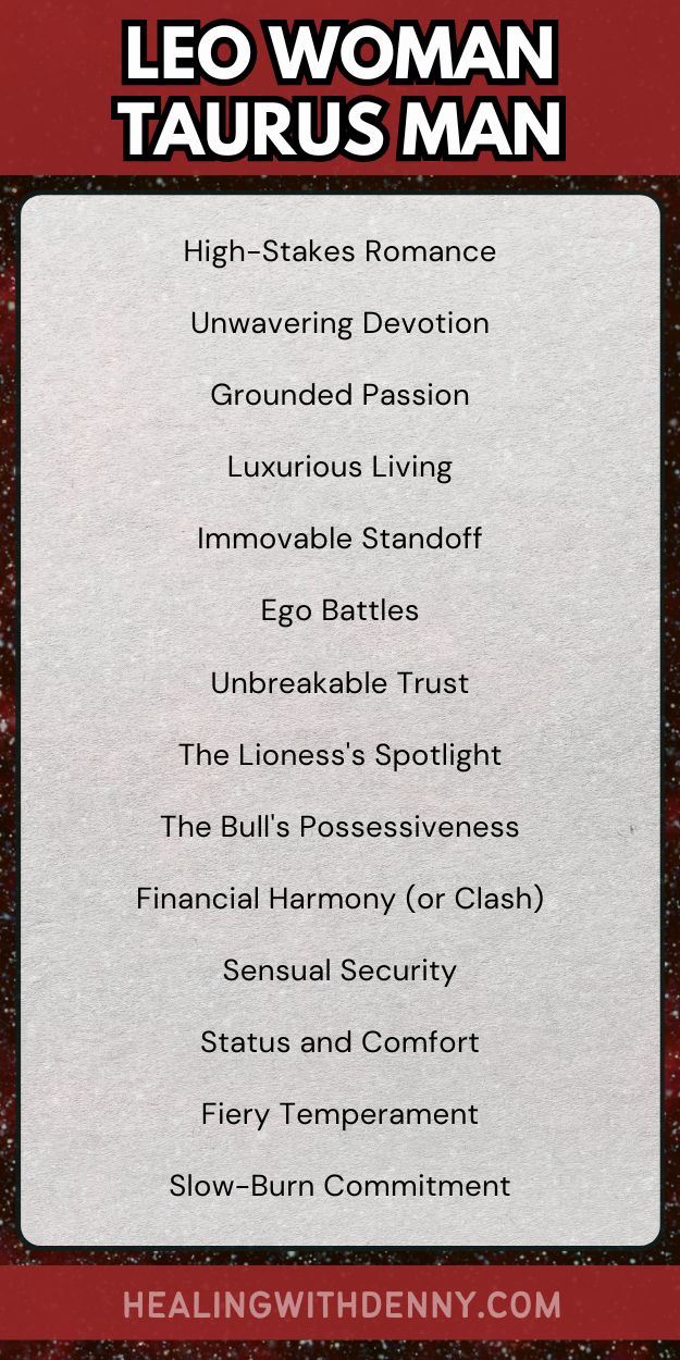 leo woman taurus man High-Stakes Romance

Unwavering Devotion

Grounded Passion

Luxurious Living

Immovable Standoff

Ego Battles

Unbreakable Trust

The Lioness's Spotlight

The Bull's Possessiveness

Financial Harmony (or Clash)

Sensual Security

Status and Comfort

Fiery Temperament

Slow-Burn Commitment
