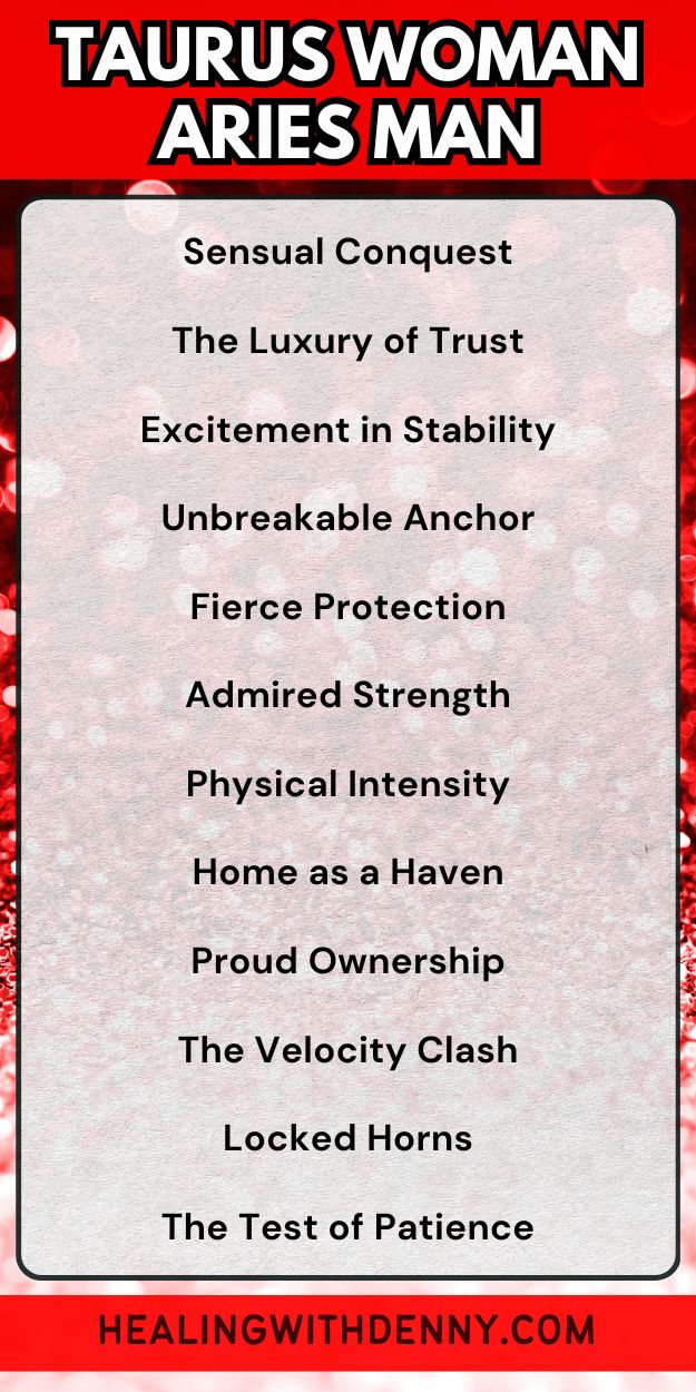 taurus woman aries man Sensual Conquest

The Luxury of Trust

Excitement in Stability

Unbreakable Anchor

Fierce Protection

Admired Strength

Physical Intensity

Home as a Haven

Proud Ownership

The Velocity Clash

Locked Horns

The Test of Patience